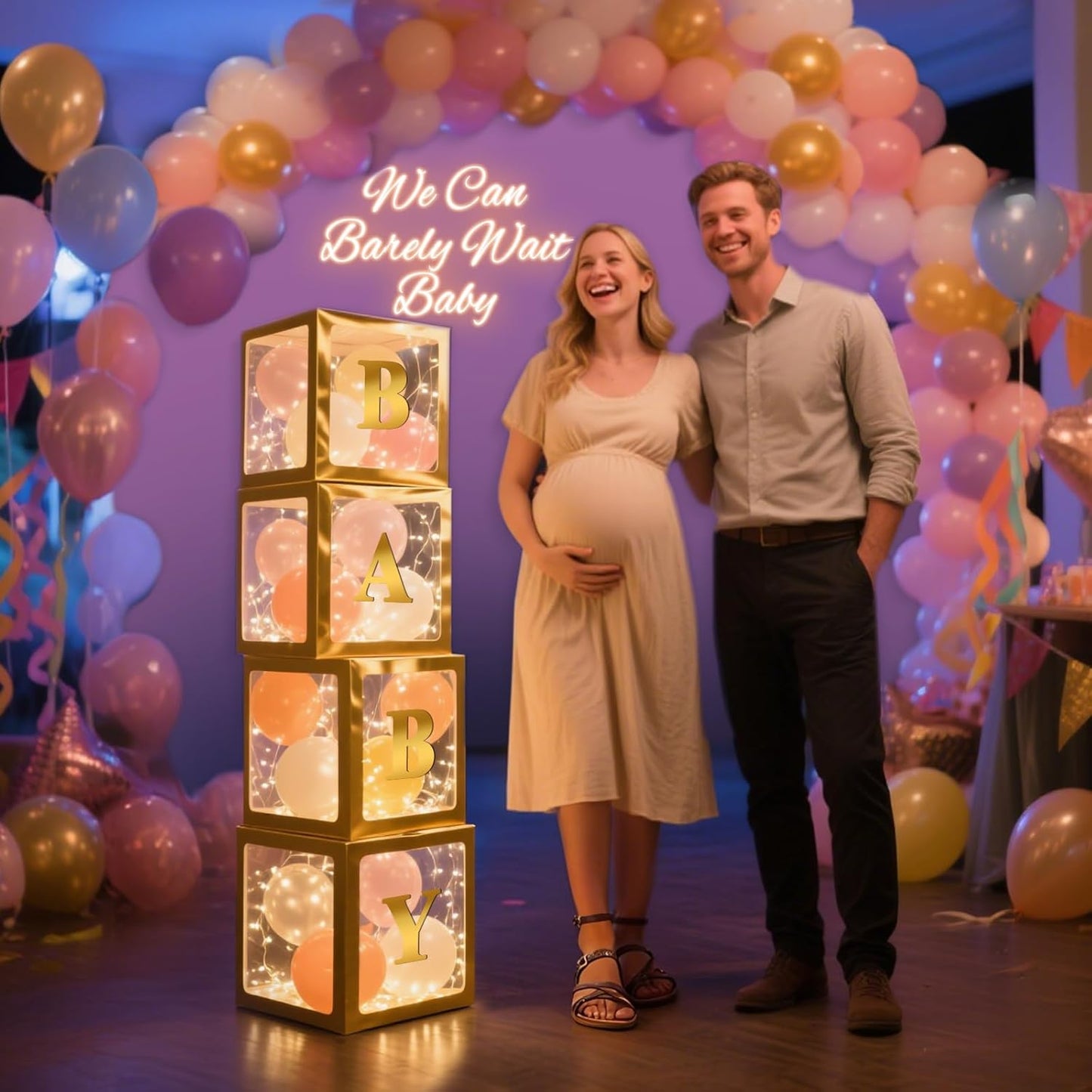 Ledido Transparent Balloon Boxes, Clear Balloon Boxes with 5 Pcs String Lights and 78 Letters for Baby Shower Gender Reveal 2026 New Year Grad Party Birthday Anniversary Bridal Decor - 5 White Boxes
