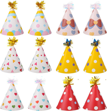 12 PCS Party Hats, Birthday Paper Cone Hat with Glitter Pompoms, Paper Party Headwear for Adults Kids Celebration