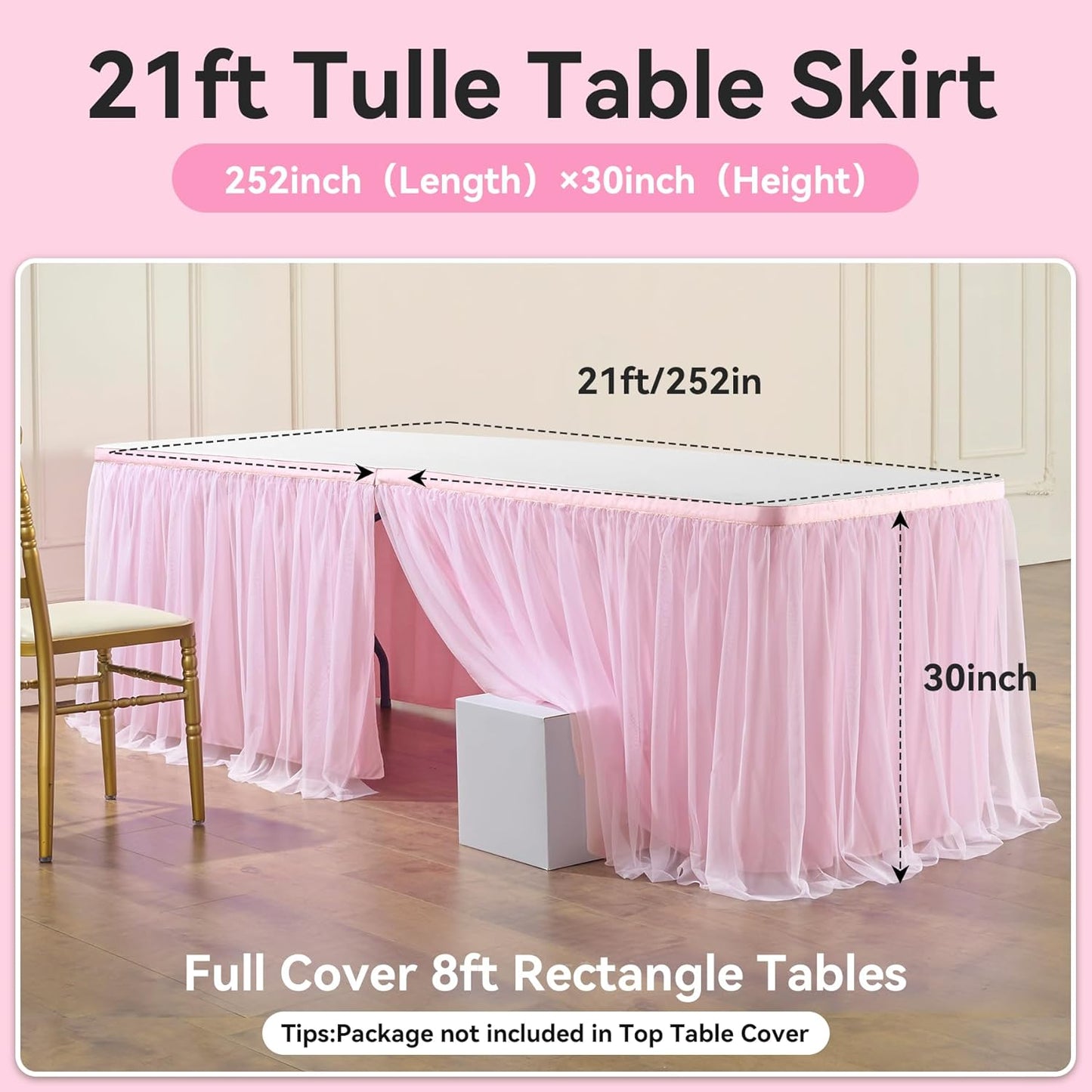 72inch Champagne Gold Tulle Table Skirts for Rectangle Round Tables, Gold Grim Ruffle Tulle Tutu Cloth Table Skirt 6ft for Wedding Birthday Party Cake Dessert Decor(No Top Cover)