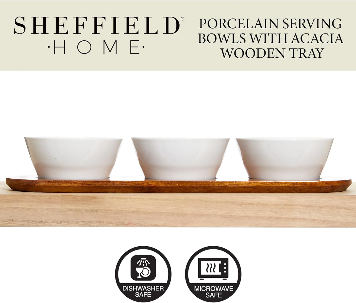 Sheffield Home 10oz Wooden Chip and Dip Serving Set - Chips and Dip Platter with Removeable Dip Bowls - Chip and Dip Serving Dish & Condiment Tray for Barbecues, Buffets and Parties