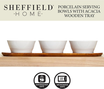 Sheffield Home 10oz Wooden Chip and Dip Serving Set - Chips and Dip Platter with Removeable Dip Bowls - Chip and Dip Serving Dish & Condiment Tray for Barbecues, Buffets and Parties
