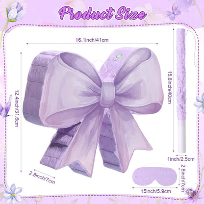 Threan Bow Piñata Bow Party Piñata with Bat Stick Blindfold Mask Coquette Birthday Centerpieces Decorations for Bridal Shower Wedding Anniversary Engagement Supplies (Purple)