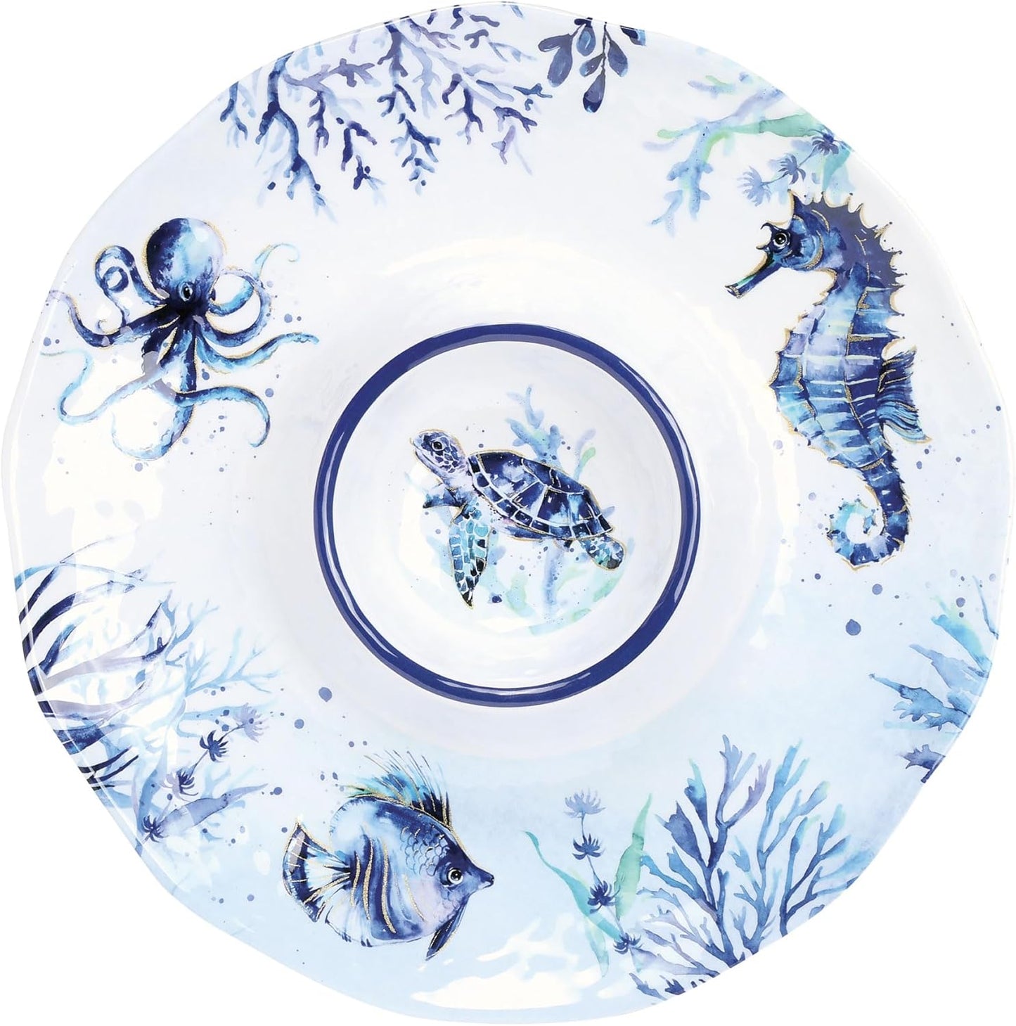 UPware Sea Life Melamine Chip and Dip Serving Tray, Round Serving Platter for Chips, Salsa, Fruit, and Snacks, Multicolor, 13.5 Inch
