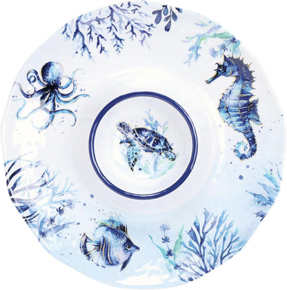 UPware Sea Life Melamine Chip and Dip Serving Tray, Round Serving Platter for Chips, Salsa, Fruit, and Snacks, Multicolor, 13.5 Inch