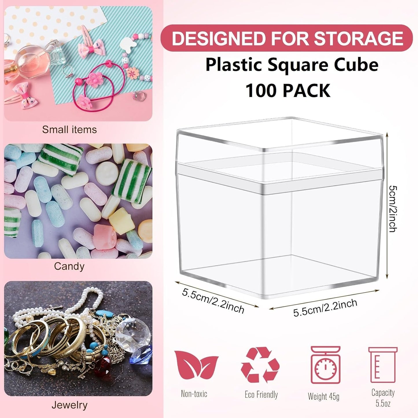 Leinuosen 100 Pcs 2 x 2 x 2 Inch Clear Acrylic Plastic Box with Lid Square Candy Containers for Party Favors Small Square Cube Storage Candy Box for Pill Tiny Earring Jewelry Herb Bead Gifts