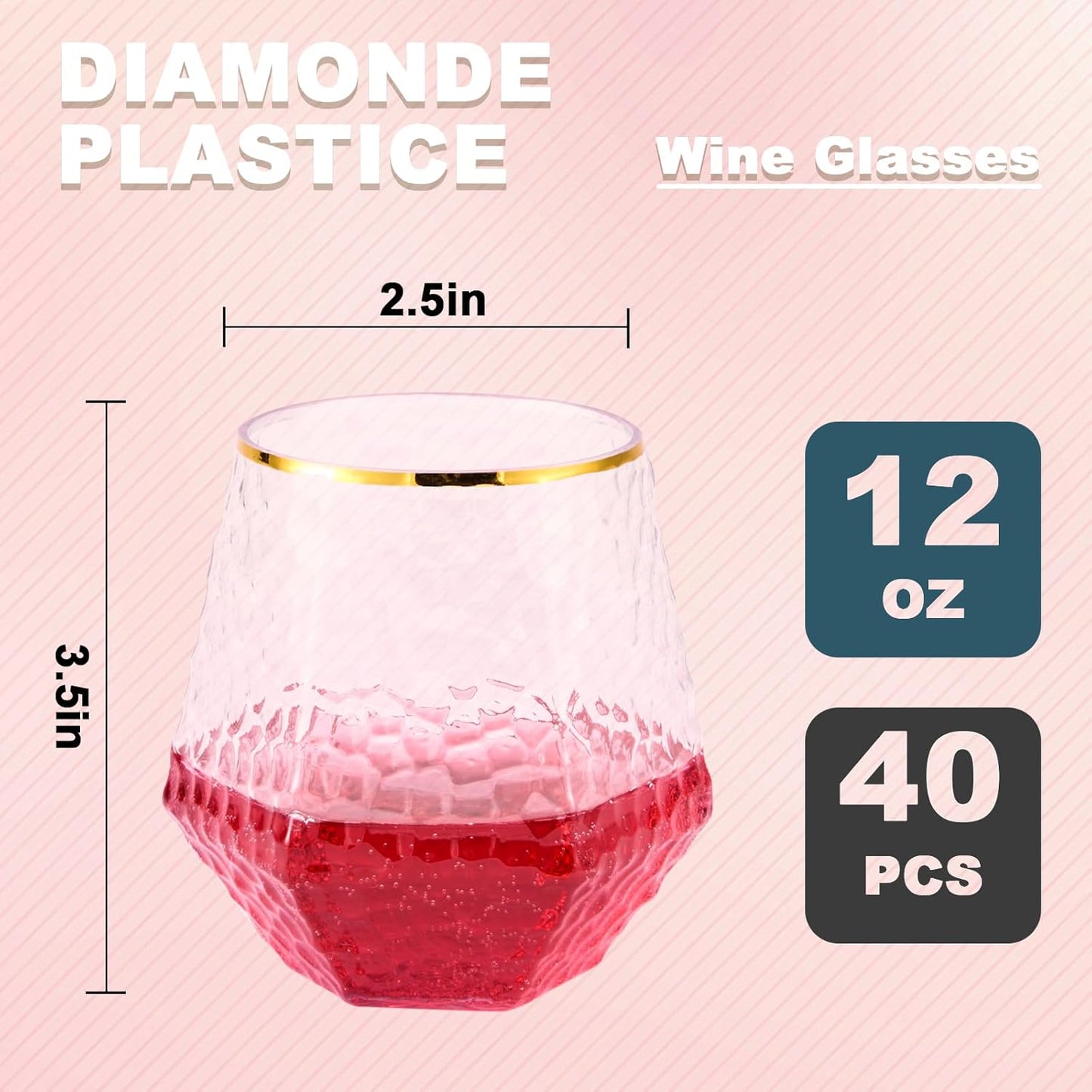 Goodluck 40 PCS Diamond Stemless Plastic Wine Whiskey Glasses, 12 Oz Disposable Cocktail Glasses, Suitable for Weddings, Birthday Parties, Family Gatherings, Bars, etc （Gold rimmed cups）