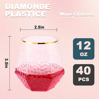 Goodluck 40 PCS Diamond Stemless Plastic Wine Whiskey Glasses, 12 Oz Disposable Cocktail Glasses, Suitable for Weddings, Birthday Parties, Family Gatherings, Bars, etc （Gold rimmed cups）