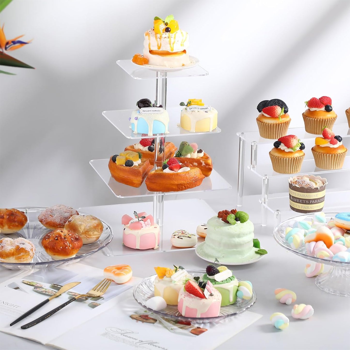 6 Pcs Acrylic Dessert Stands Set Include Display Risers Cupcake Tower and Clear Round Dessert Trays Cake Table Holder for Wedding Baby Shower Decoration(Classic Style)