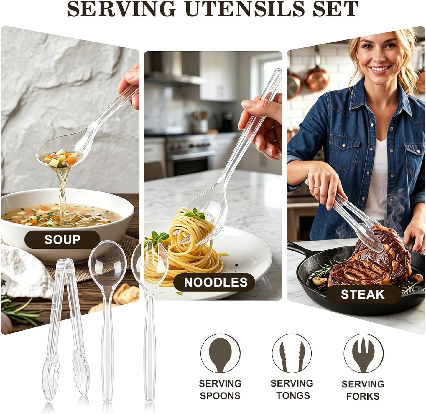 24 Pcs Disposable Black Plastic Serving Utensils,8 Set Including 9.72" Plastic Serving Spoons, Forks and 8.46" Tongs, for Dinner Parties, Buffets,Banquets, Events, Weddings, and Daily Use