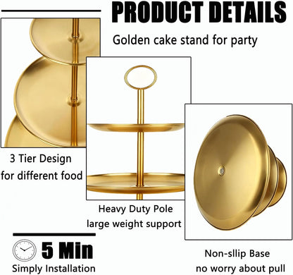 QTLCOHD 2Pcs 3 Tier Stainless Steel Cupcake Stand - Gold Tiered Dessert Stand for Wedding & Birthday Party