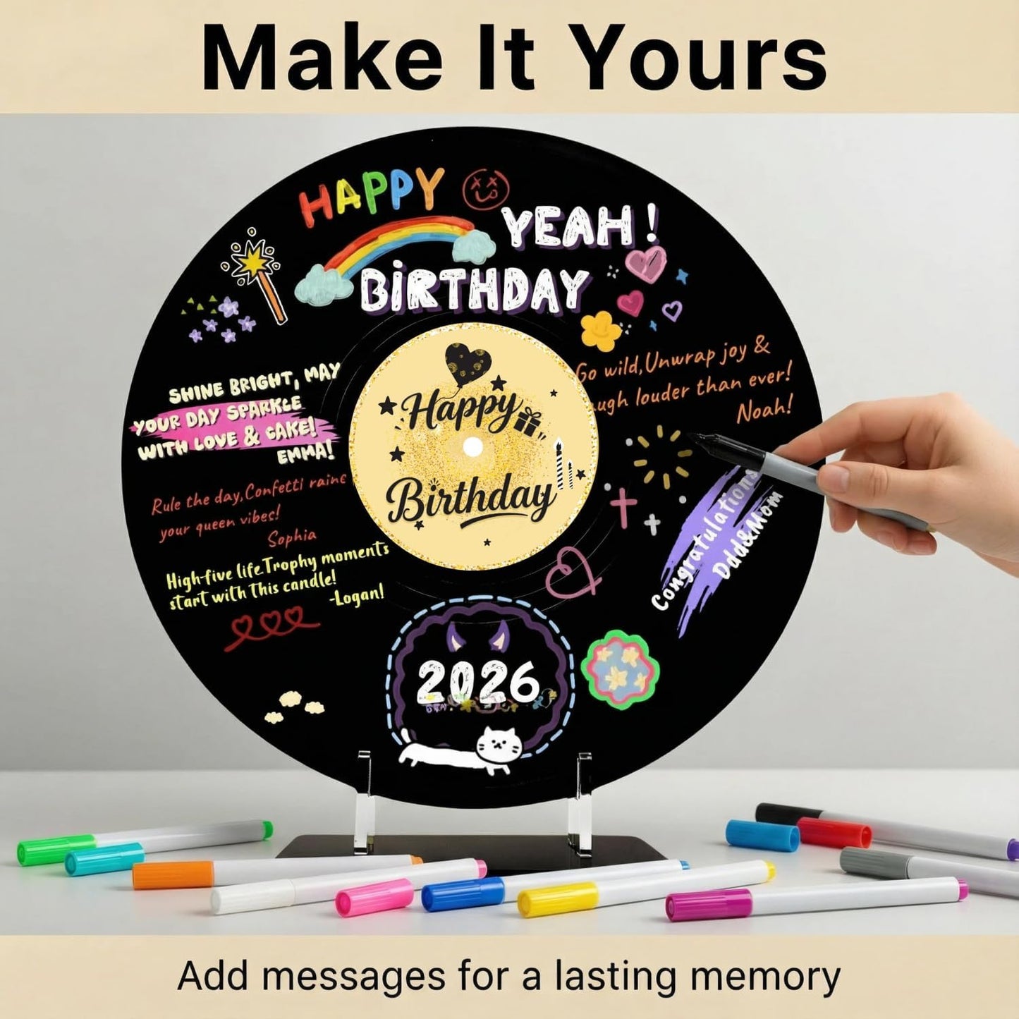 REEGII Vinyl Record Style Birthday Guest Book for Birthday Decorations - Large 11.6"x11.6" Sign-In Poster with 12 Pens | Unique Keepsake Gift for Birthday Party Decor (Happy Birthday, Golden, 11.6"L x 11.6"W)