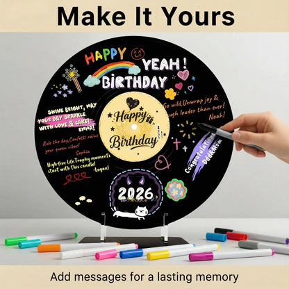 REEGII Vinyl Record Style Birthday Guest Book for Birthday Decorations - Large 11.6"x11.6" Sign-In Poster with 12 Pens | Unique Keepsake Gift for Birthday Party Decor (Happy Birthday, Golden, 11.6"L x 11.6"W)