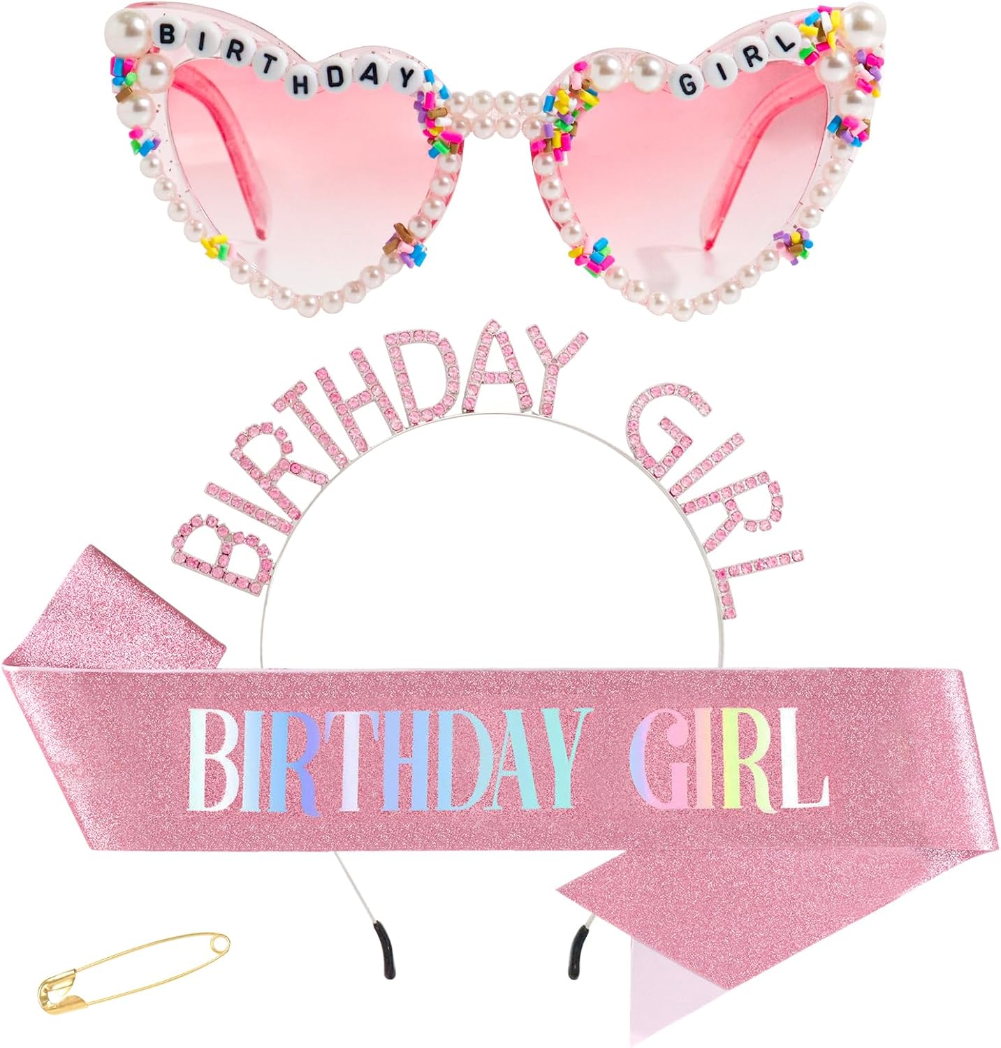 3Pcs Birthday Girl Sash Headband Set-Birthday Sash Tiara and Crown Sunglasses for Girls Women