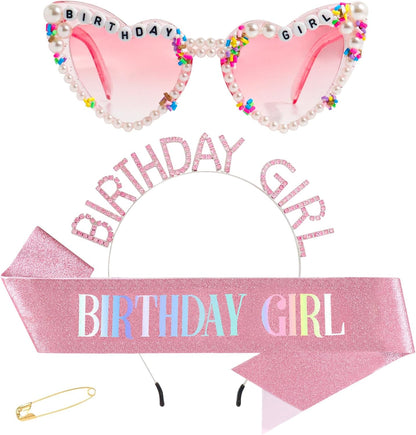 3Pcs Birthday Girl Sash Headband Set-Birthday Sash Tiara and Crown Sunglasses for Girls Women