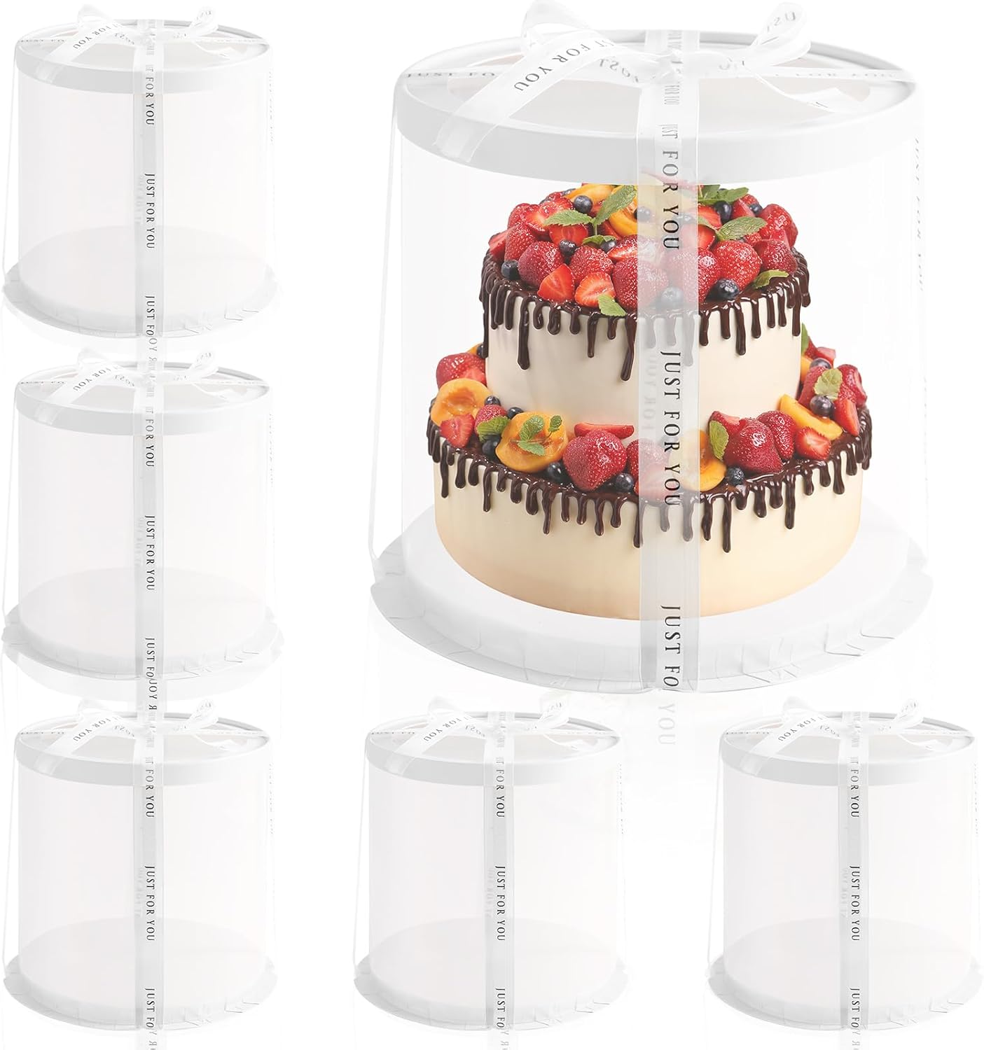 JCD Pink Multi-Layer 10 * 10 Inch Round Clear Cake Boxs with Ribbon,6 Pack Tall Transparent Packaging Cake Containers PET Cake Carrier Box for Birthday (Pink, Round 10inch/6pcs)