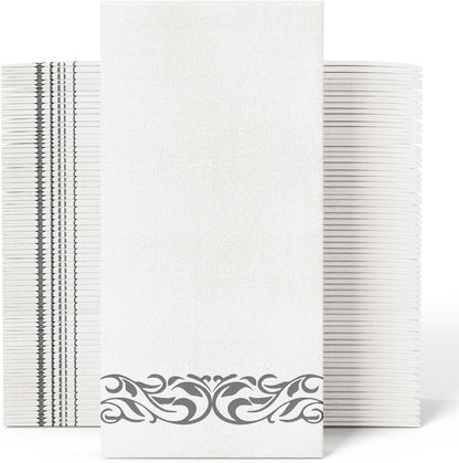 JOLLY CHEF 100 Disposable Hand Towels, Soft and Absorbent Linen Feel Dinner Napkin, Elegant Decorative Paper Guest Towels for Kitchen, Bathroom,Thanksgiving, Weddings,Parties, Gold and White