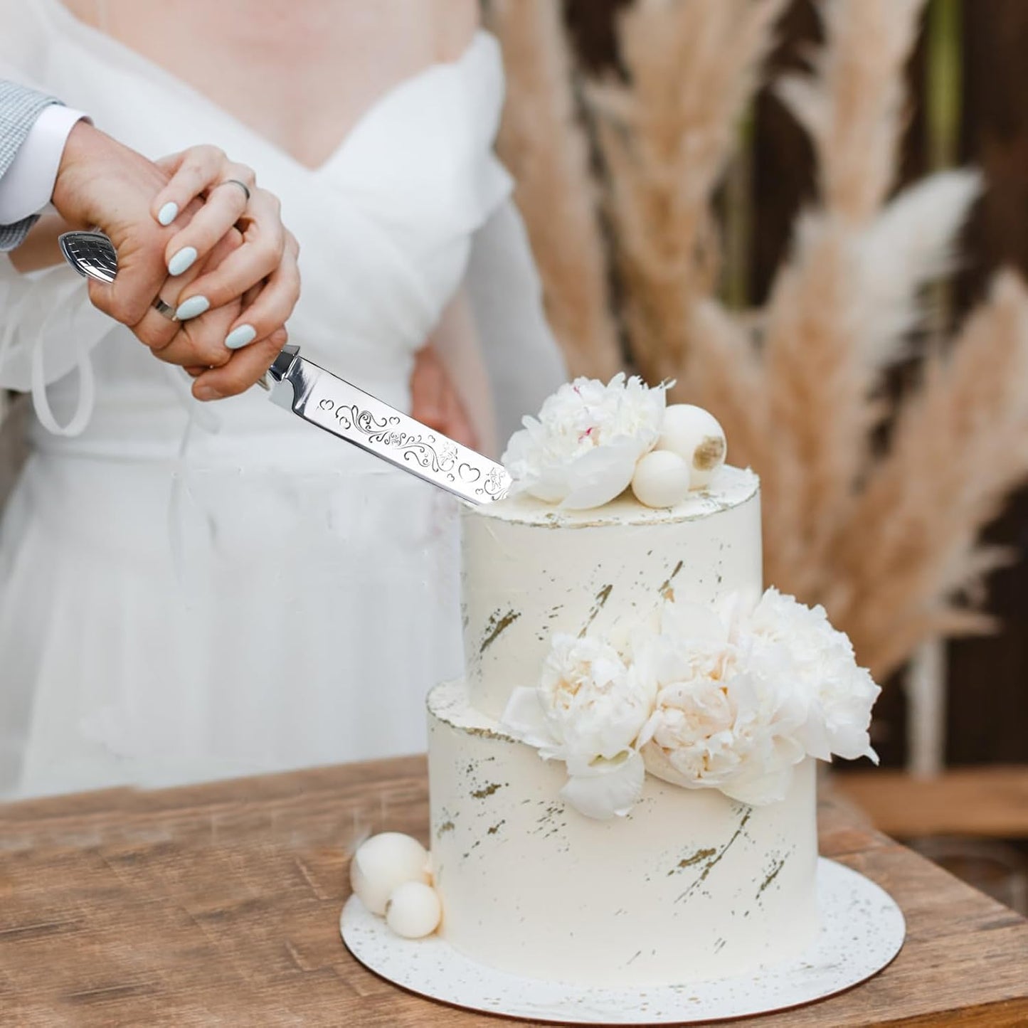 KSENDALO Wedding Cake Knife and Server Set, Rose Gold Serrated Knife Cake Cutting Set, Deluxe SUS304 Stainless Steel for Weddings, Birthdays & Anniversary (13.78inch Long)