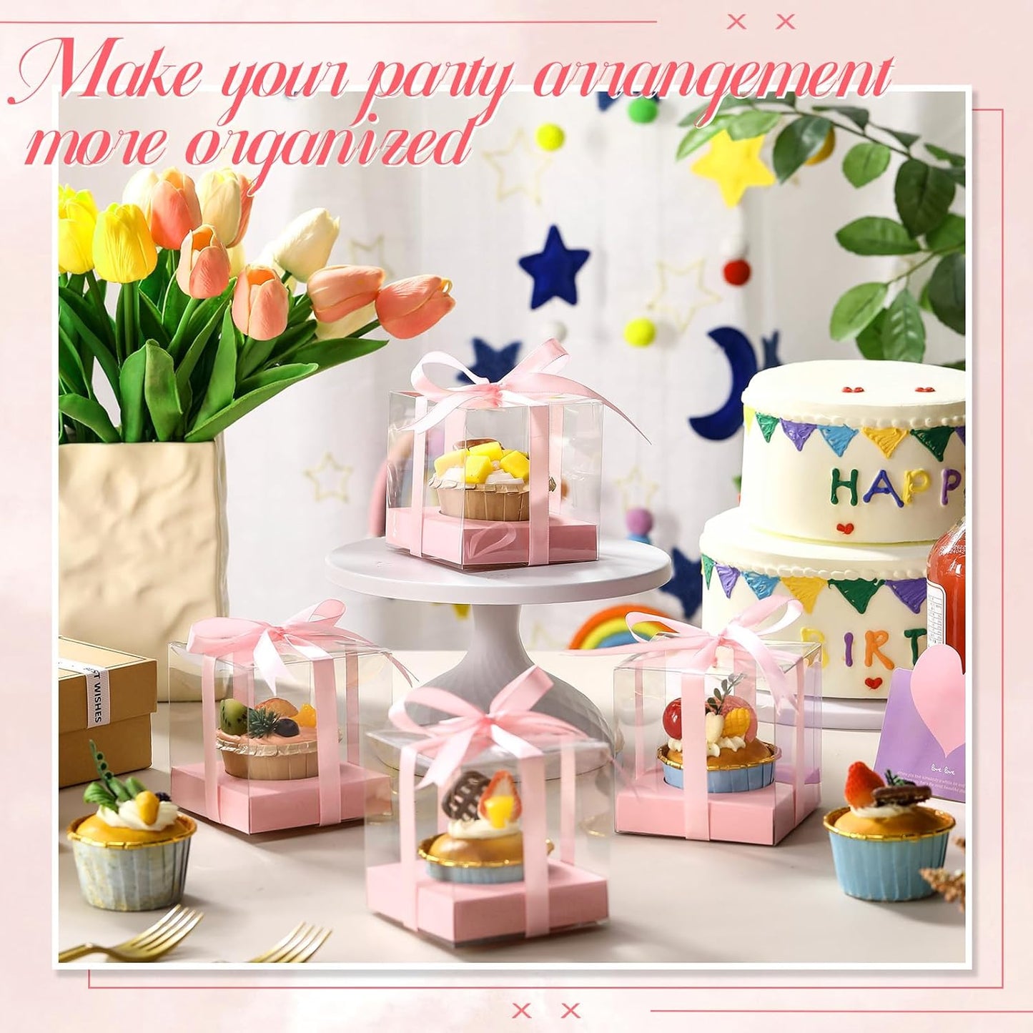 Thenshop 50 Pcs Clear Cupcake Boxes Individual 3.5 Inch Plastic Single Cupcake Containers Boxes with Inserts and Ribbon Individual Cake Storage Holders for Cake Kitchen(Dark Blue)