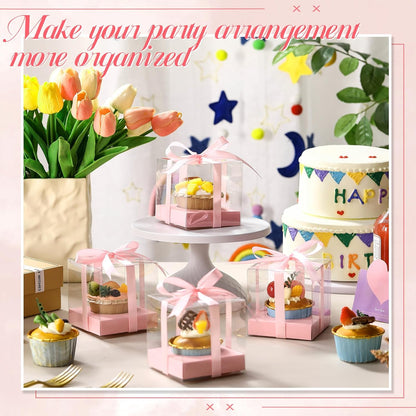 Thenshop 50 Pcs Clear Cupcake Boxes Individual 3.5 Inch Plastic Single Cupcake Containers Boxes with Inserts and Ribbon Individual Cake Storage Holders for Cake Kitchen(Dark Blue)