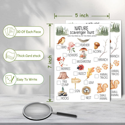 30 Pcs Nature Scavenger Hunt Cards, Find and Seek Camping Sheets, Woodland Themed Holiday Party Game Outdoor Activity for Family Friend -01