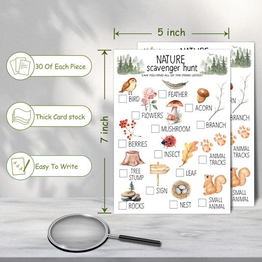 30 Pcs Nature Scavenger Hunt Cards, Find and Seek Camping Sheets, Woodland Themed Holiday Party Game Outdoor Activity for Family Friend -01