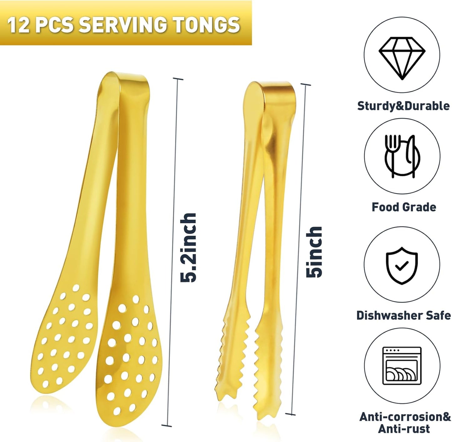 JCREN 12 Pcs Serving Tongs, Small Serving Utensils for Parties Catering Gold Tongs, Food-Grade 304 Stainless Steel Mini Appetizer Tongs for Tea Party Coffee Bar, 4 Inches - Gold