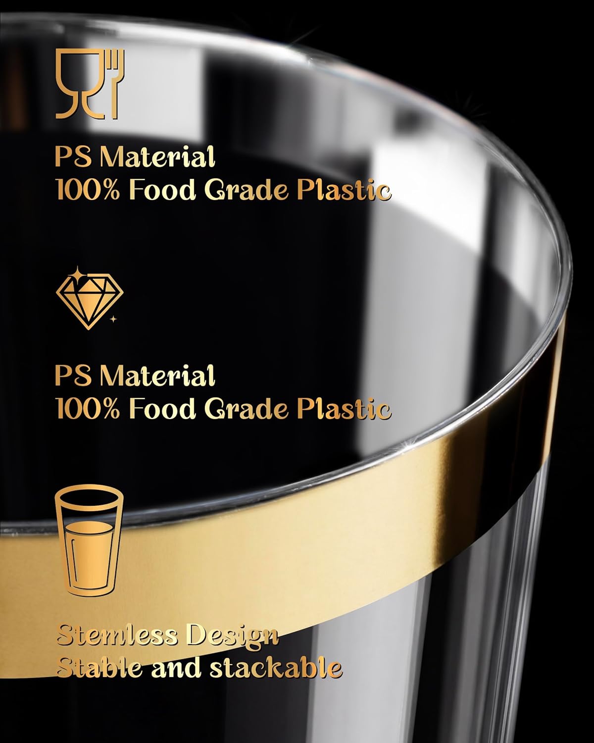 Nervure 120PCS Gold Plastic Cups - 9Oz Gold Rimmed Plastic Cups - Heavy Duty Disposable Clear Cup with Gold Rim Perfect for Weddings, Receptions & Parties