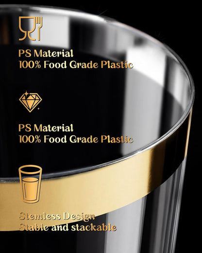Nervure 120PCS Gold Plastic Cups - 9Oz Gold Rimmed Plastic Cups - Heavy Duty Disposable Clear Cup with Gold Rim Perfect for Weddings, Receptions & Parties