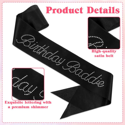 Birthday Sash for Women Birthday Baddie Sash Glitter Black Birthdays Sashs Funny Birthdays Sashs with Glitter Rhinestones Decorations for Women Funny Baddie Decorations Party Supplies