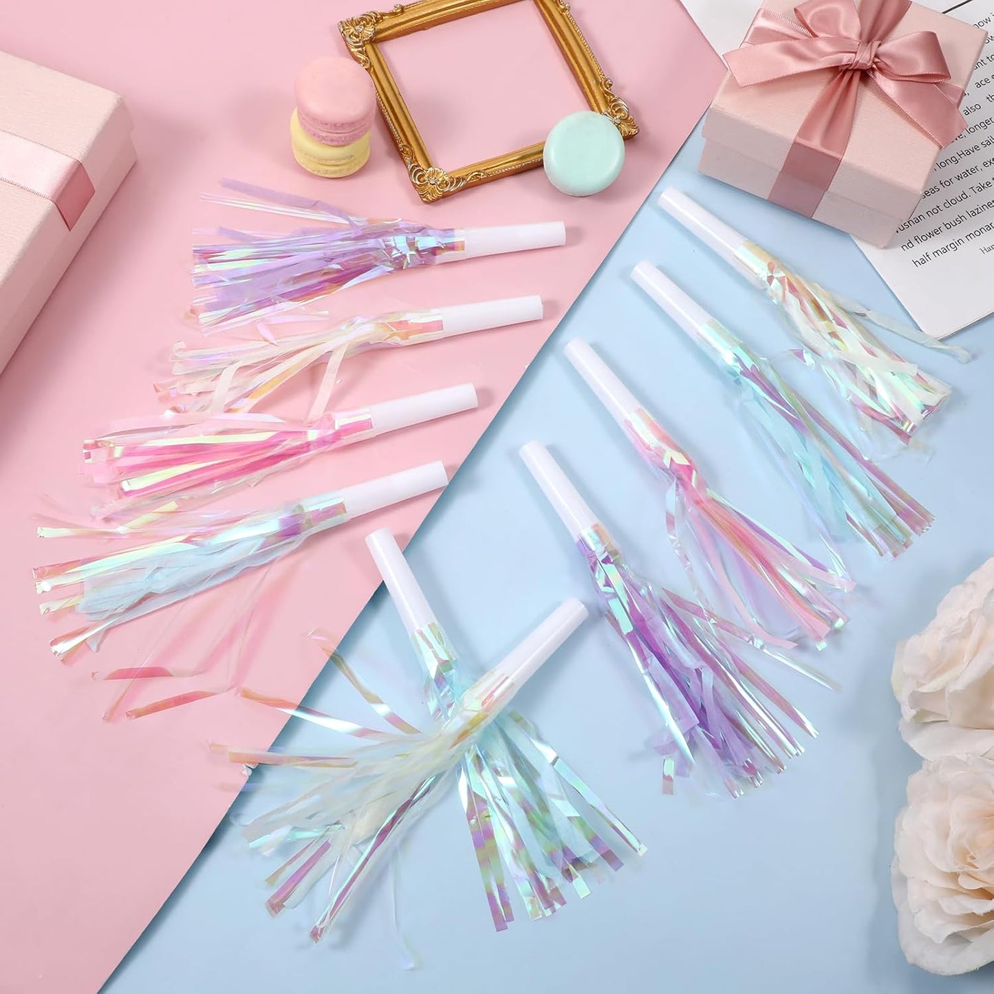 24 pcs Party Blowers Glitter Noise Makers Metallic Fringed Party Horns Pastel Noisemakers for Birthday Blow Horns Graduation New Years Sporting Gatherings Favors Supplies Eve Christmas