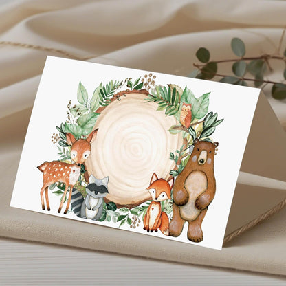 120 Pack Woodland Baby Shower Place Cards, 3.5" x 2" Foldable Table Tent Name Cards, Food Labels for Forest Animals Baby Shower Birthday Party Reception Tables Placement Party Decorations