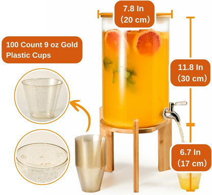 Glass Beverage Dispenser with Bamboo Stand 6.7 In and Lid, Iced 2.9 Gallon Drink Server with Spigot, Large Thick Glass Drink Dispenser for Parties, Hotels, Restaurants, Homes