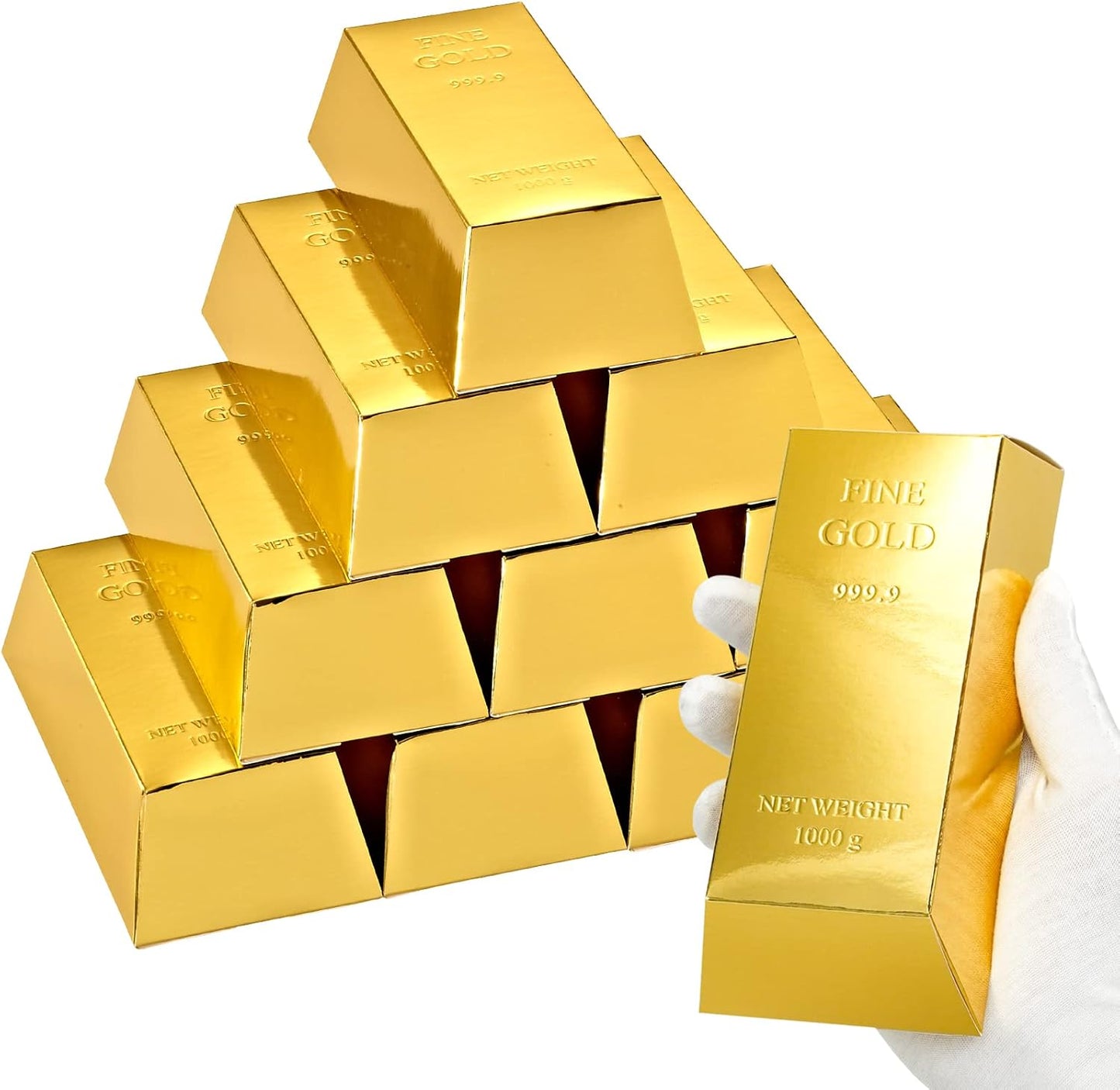 UnicoPak 30 Pack Gold Bar Party Favor Boxes, Simulated Foil Gold Treat Boxes Candy Boxes Decorated Boxes, with FINE GOLD 999.9 Embossed Pattern, 6.5x3 Inch Gift Boxes for Candy, Halloween, Christmas