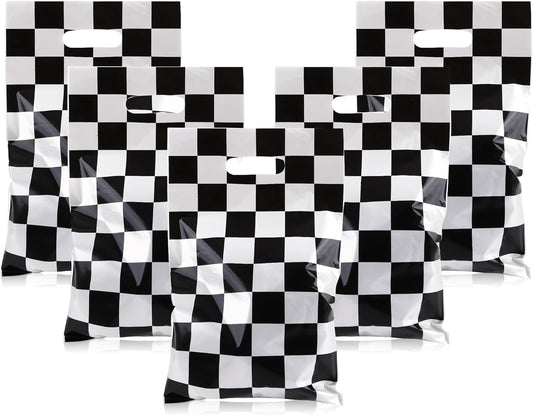 Mikzhskr 30Pcs Race Car Party Favors Bag Goodie bags Racing in Speed Party Decorations Soccer Theme Black and White Checkered Candy Bags with Handles for Kids Race Car Birthday Party Supplies