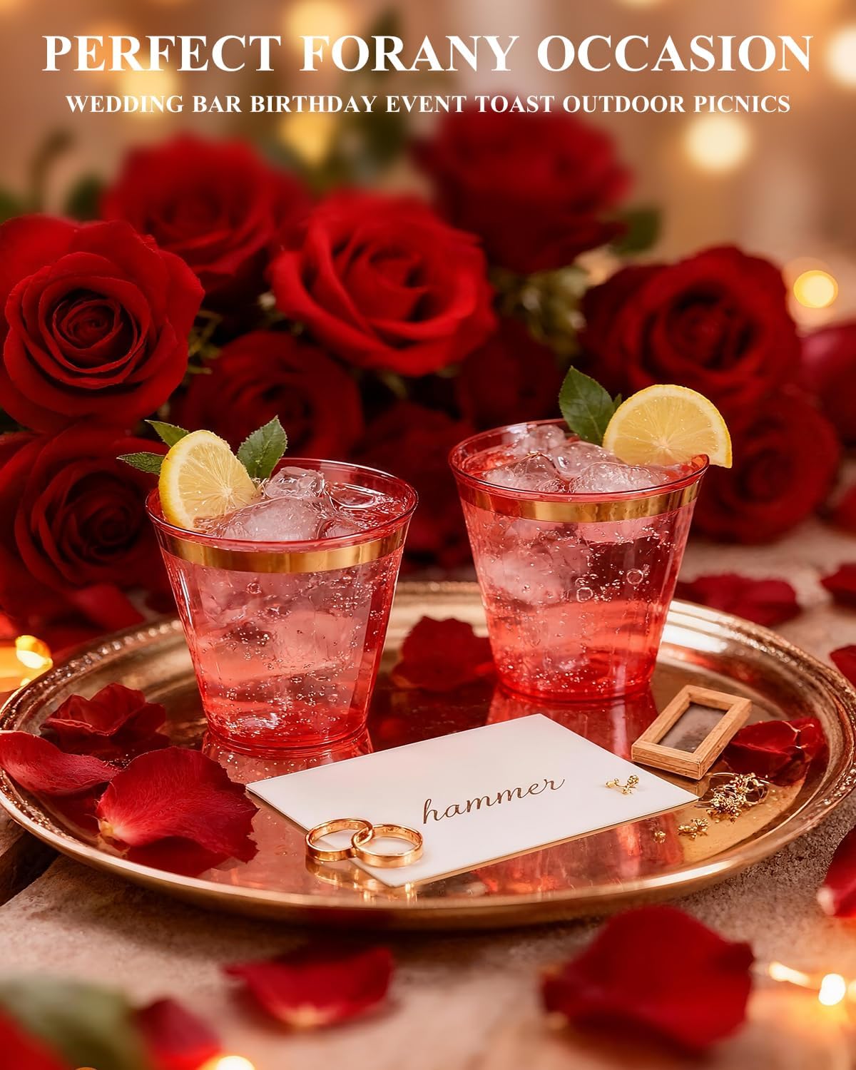 Goodluck 100PCS 9oz Gold Plastic Cups for Party, Disposable Gold Rim Cups, Plastic Cocktail Glasses for Wedding Thanksgiving, Christmas, and Parties