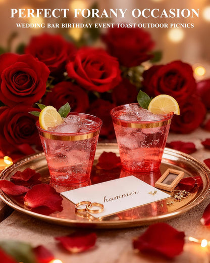 Goodluck 100PCS 9oz Gold Plastic Cups for Party, Disposable Gold Rim Cups, Plastic Cocktail Glasses for Wedding Thanksgiving, Christmas, and Parties