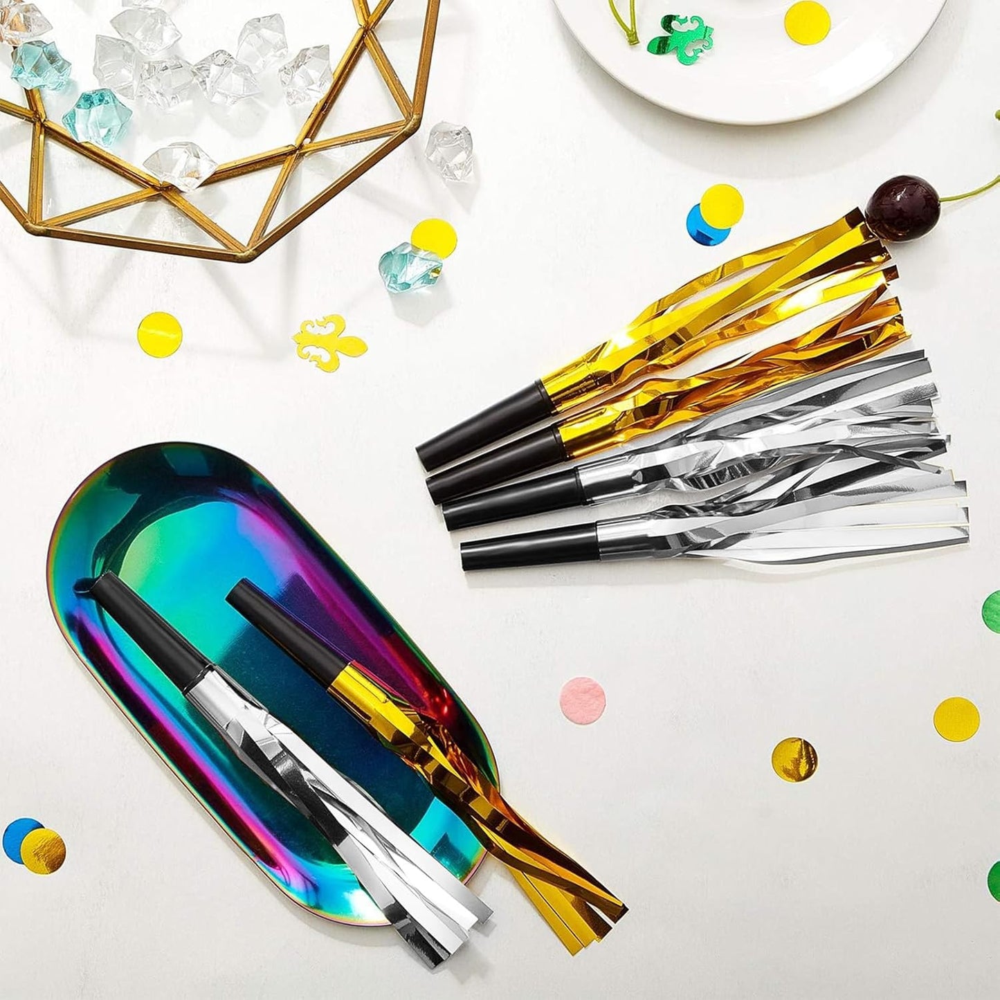 Sumind 24 Pcs Gold Noise Makers Metallic Fringed Party Blowers Horns Whistles Noisemakers Party Favors for Adults Birthday Graduation Sporting Events Celebration Surprise Supplies