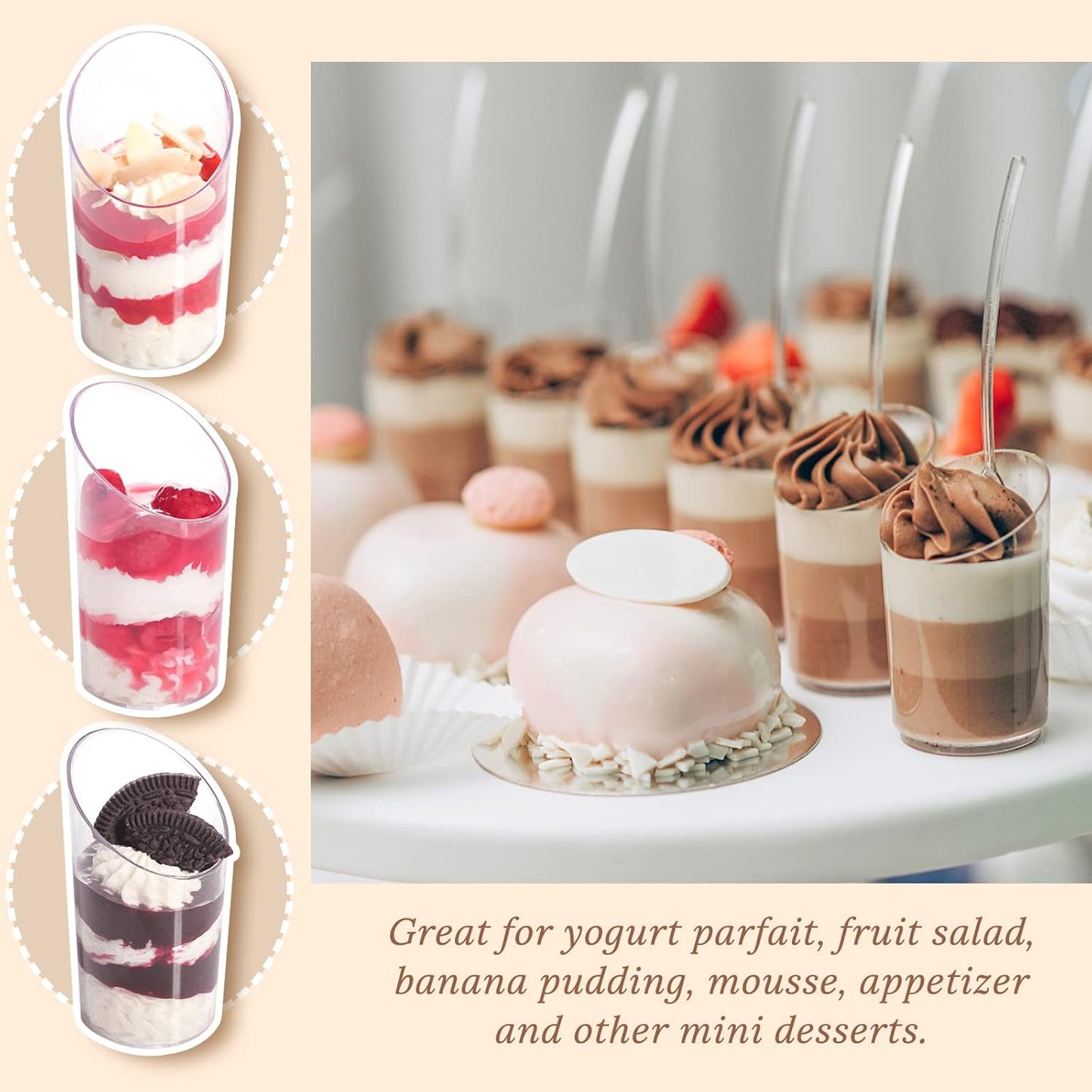 50 Pack Mini Slanted Dessert Cups with Spoons - 2.2 oz Plastic Parfait Cups Reusable Shooter Glasses Small Serving Cups for Tasting Party Desserts Appetizer