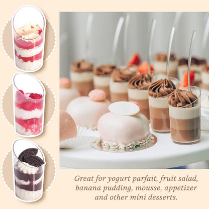 50 Pack Mini Slanted Dessert Cups with Spoons - 2.2 oz Plastic Parfait Cups Reusable Shooter Glasses Small Serving Cups for Tasting Party Desserts Appetizer