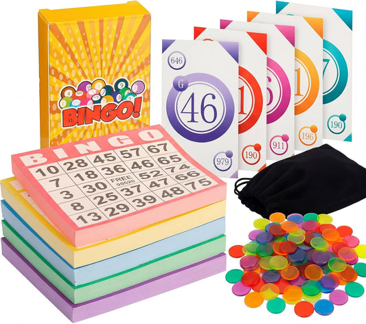 Complete Bingo Card Game Set, 500 Bingo Cards, 1000 Colorful Chips, 75 Calling-Cards with Storage Bag Kit Bulk for Adults Large Groups Family Game Nights Parties Gatherings Activities