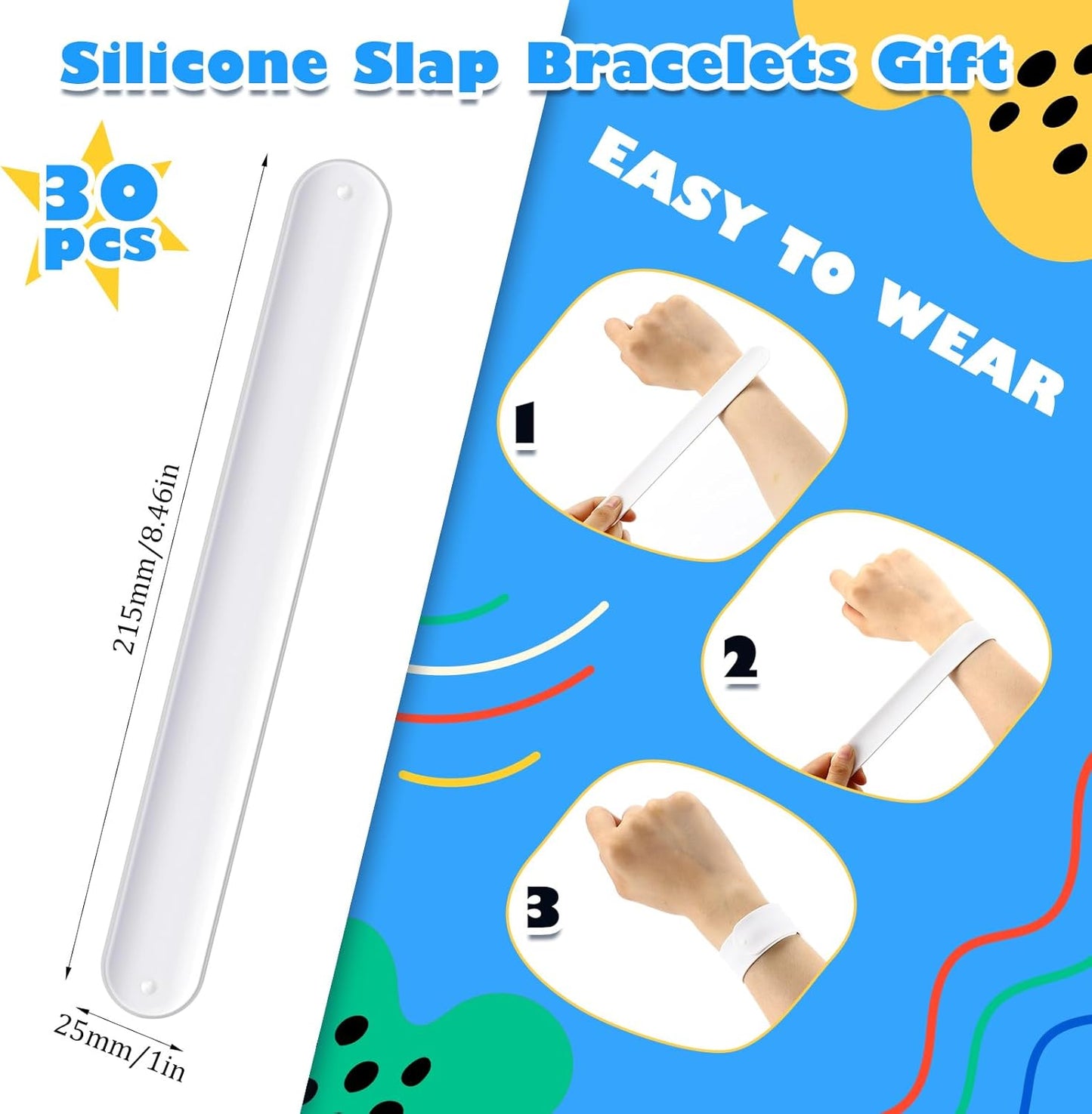 Vinsot 30 Pcs Silicone Slap Bracelets Gift for Kids DIY Slap Bands Party Favor Soft Blank Snap Wristbands Bulk for School Craft Project Painting Classroom Prizes Birthday Wedding