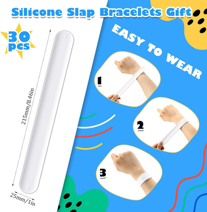Vinsot 30 Pcs Silicone Slap Bracelets Gift for Kids DIY Slap Bands Party Favor Soft Blank Snap Wristbands Bulk for School Craft Project Painting Classroom Prizes Birthday Wedding