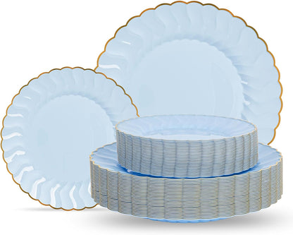 Lullaby 60PCS Ivory Scalloped Plastic Plates with Gold Rim, Disposable Elegant Plates Include 30pcs Dinner Plate 10.25", 30pcs Plastic Dessert Plate 7.5", Perfect for Wedding and Party