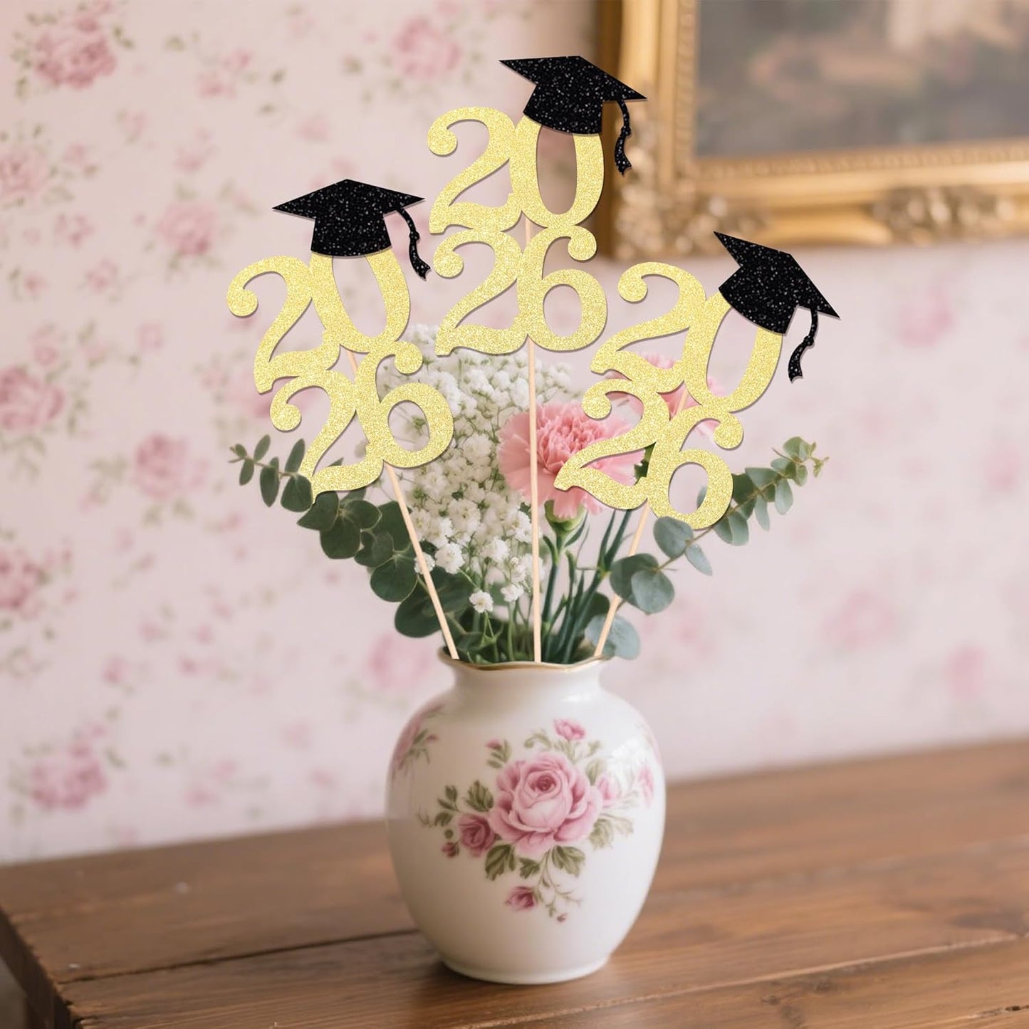 Class of 2026 Graduation Centerpieces, 10 Pcs Gold Glitter 2026 Centerpieces with Graduation Cap, Congrats Grad Party Decorations for Cake, Dessert & Centerpieces