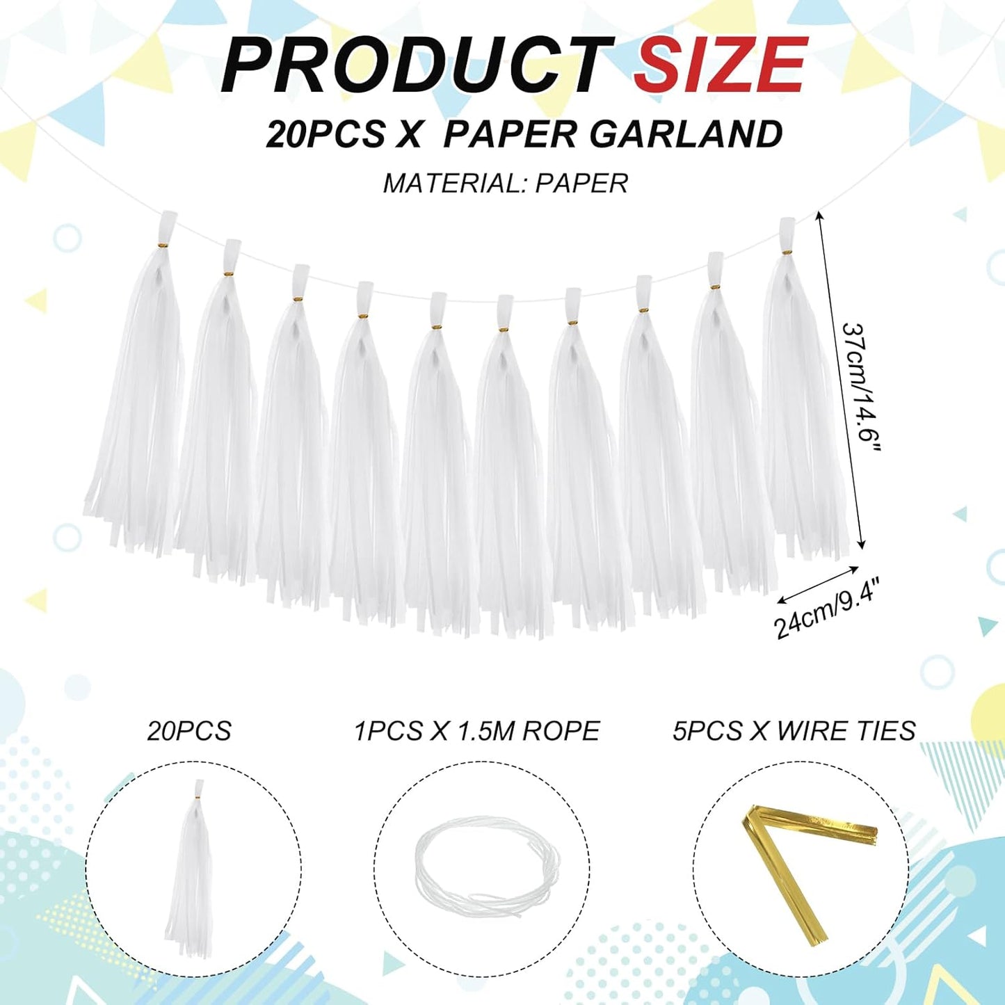 MECCANIXITY 20Pcs Tassel Garland Banner Tissue Paper for Streamers Party Decorations, Valentine's Day Birthday Decor for Women with Rope and Tie Wire (Pink, 14.6Inch)