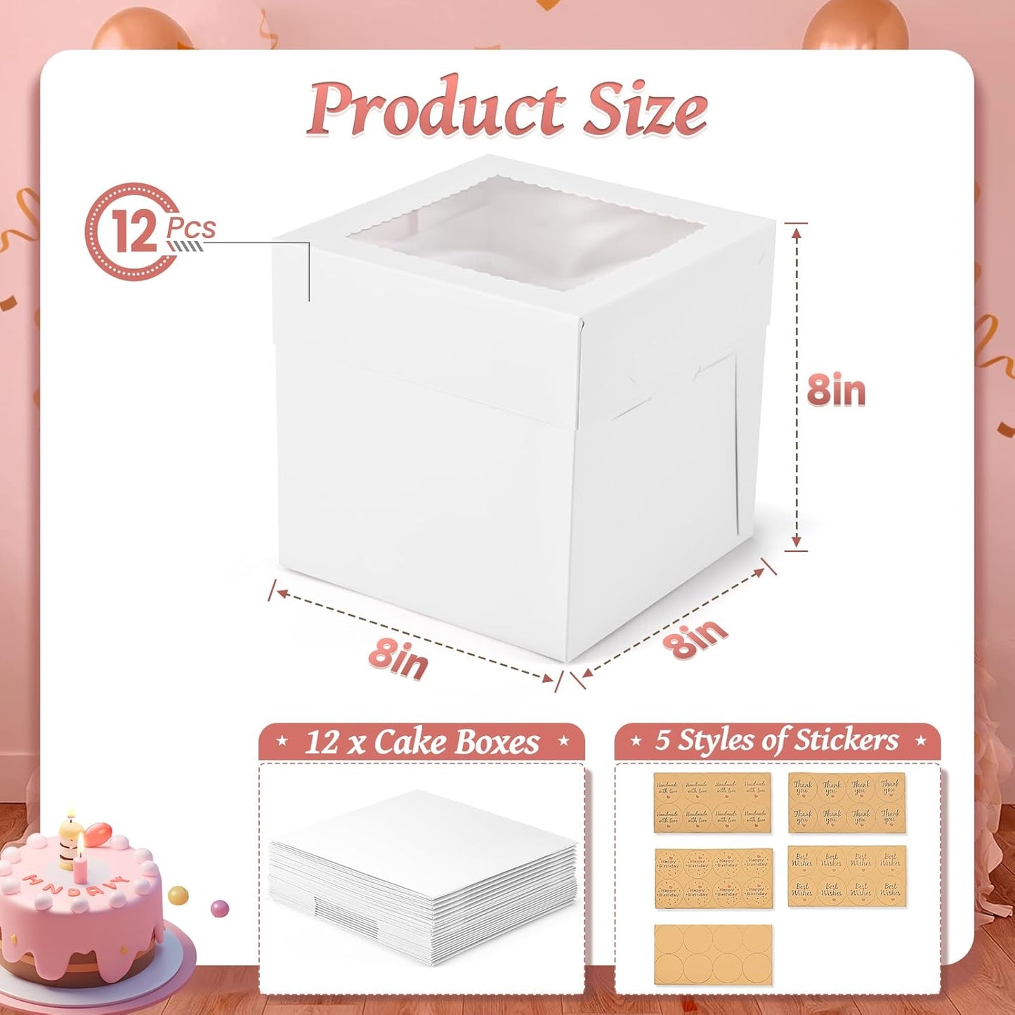 12Pcs 8x8x8 Inches Cake Boxes, Pink Square Bakery Boxes with Window, Disposable Cake Carrier Container for Pastries, Pie, Cookies, Chocolates, Cupcakes, Birthday Party, Wedding