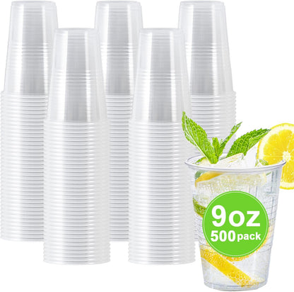 Clawsoff 500 Pack 9 oz Plastic Cups, Disposable Drinking Cups, Water Cups Plastic Clear Cups for Party, Wedding, Graduation, Travel, Holiday, Events, Birthday,Cold,Hot