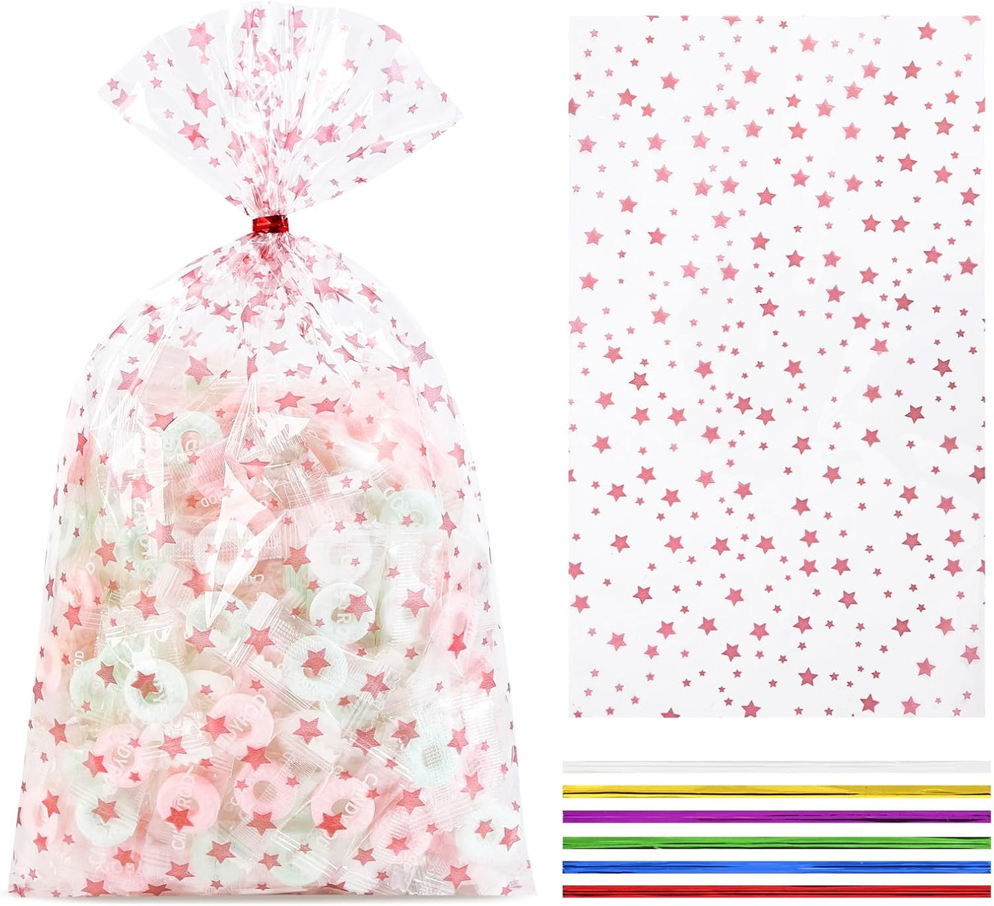 100 Pcs Star Printed 5"X 7" Gift Wrap Cello Cellophane Treat Bags Party Favor bags Clear Candy Cookie Bag Plastic Poly Goodie Storage Bag with Twist Ties for Bakery,Birthday, Wedding ,Party Decorations (Gold)