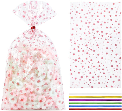 100 Pcs Star Printed 5"X 7" Gift Wrap Cello Cellophane Treat Bags Party Favor bags Clear Candy Cookie Bag Plastic Poly Goodie Storage Bag with Twist Ties for Bakery,Birthday, Wedding ,Party Decorations (Gold)