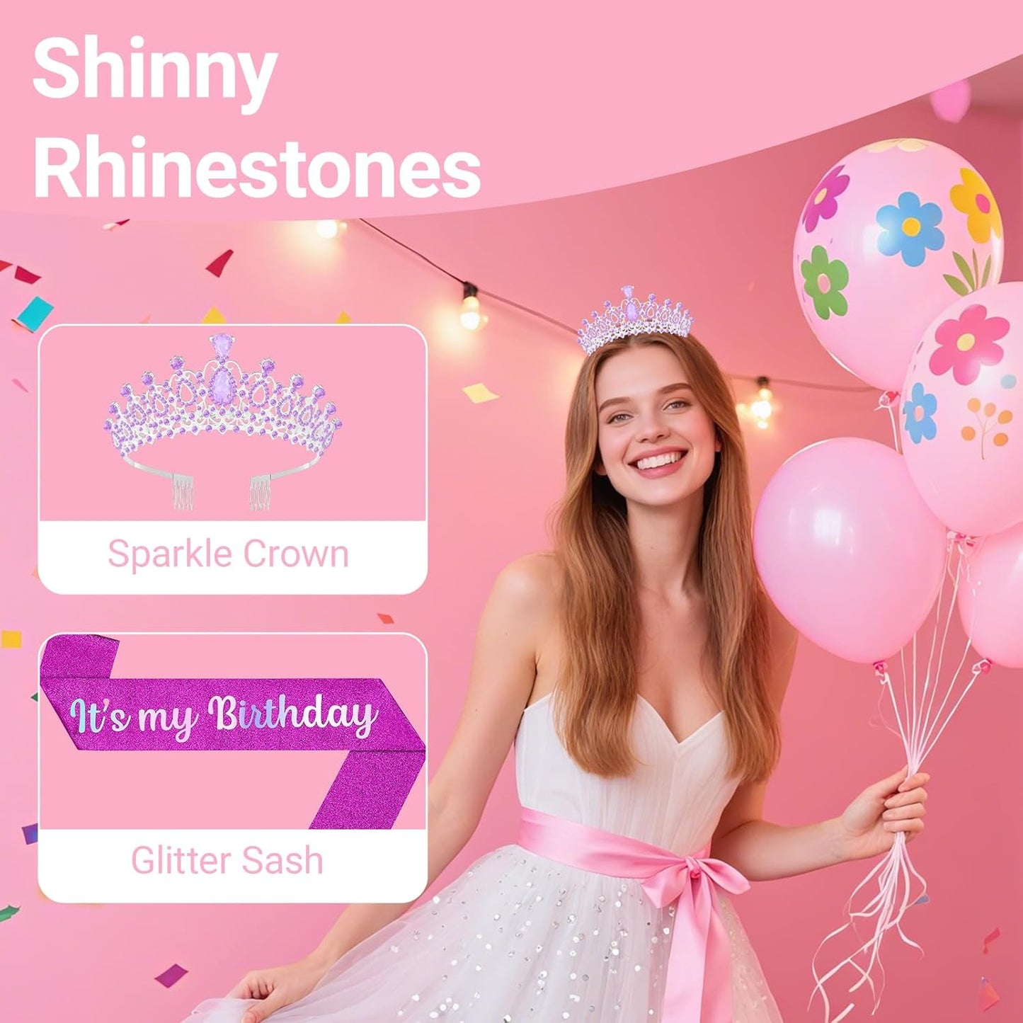Birthday Tiara and Crown with Sash, Birthday Tiara for Women Party Silver